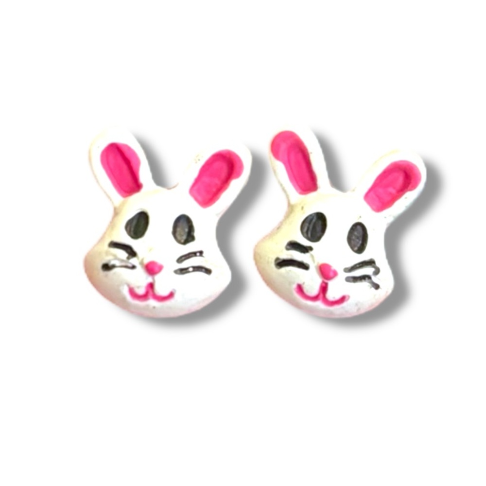 Vintage Easter Bunny Hand Painted Small Stud Earrings Novelty Pink White EUC